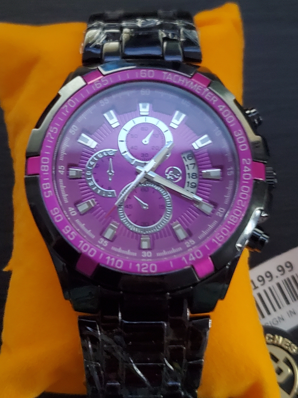 Purple Dial Black Metal Bracelet Chronograph Watch